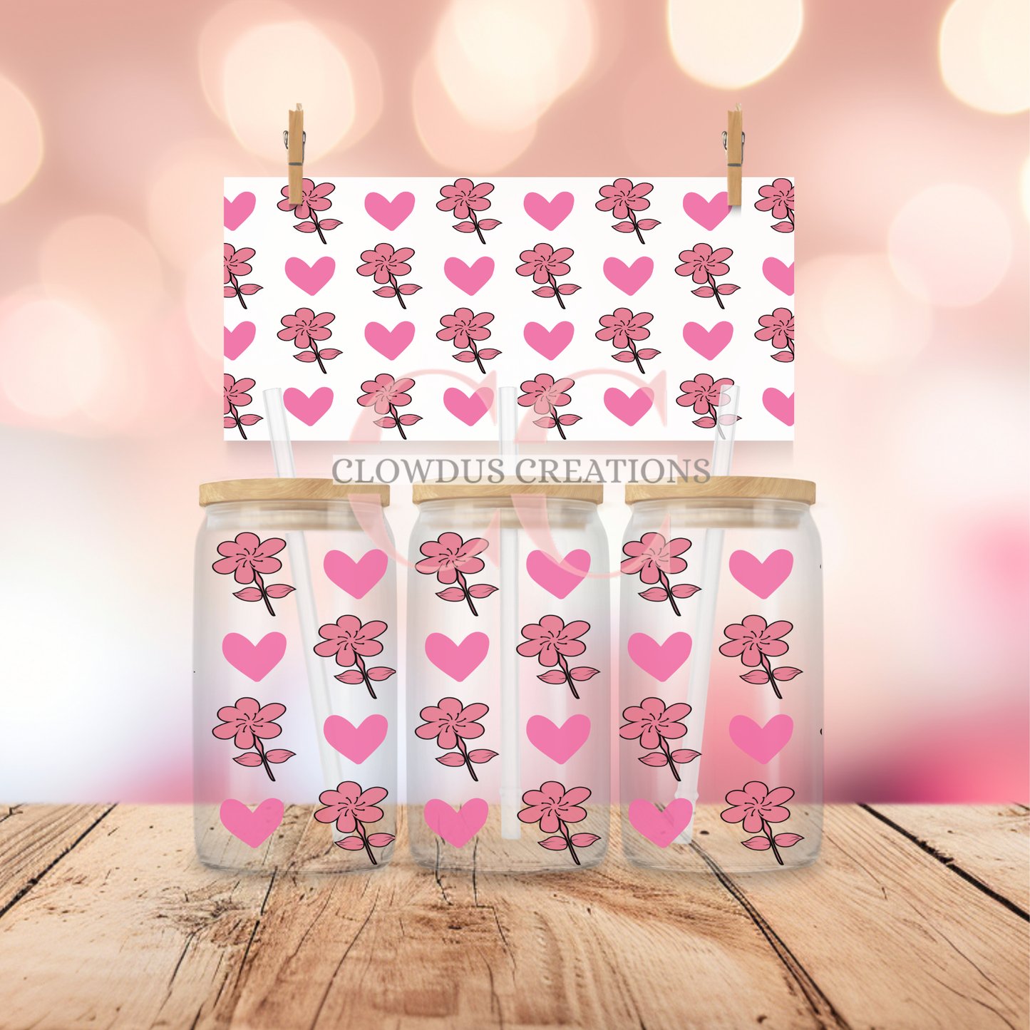 Pink Hearts and Flowers UV DTF Wrap TW-00133