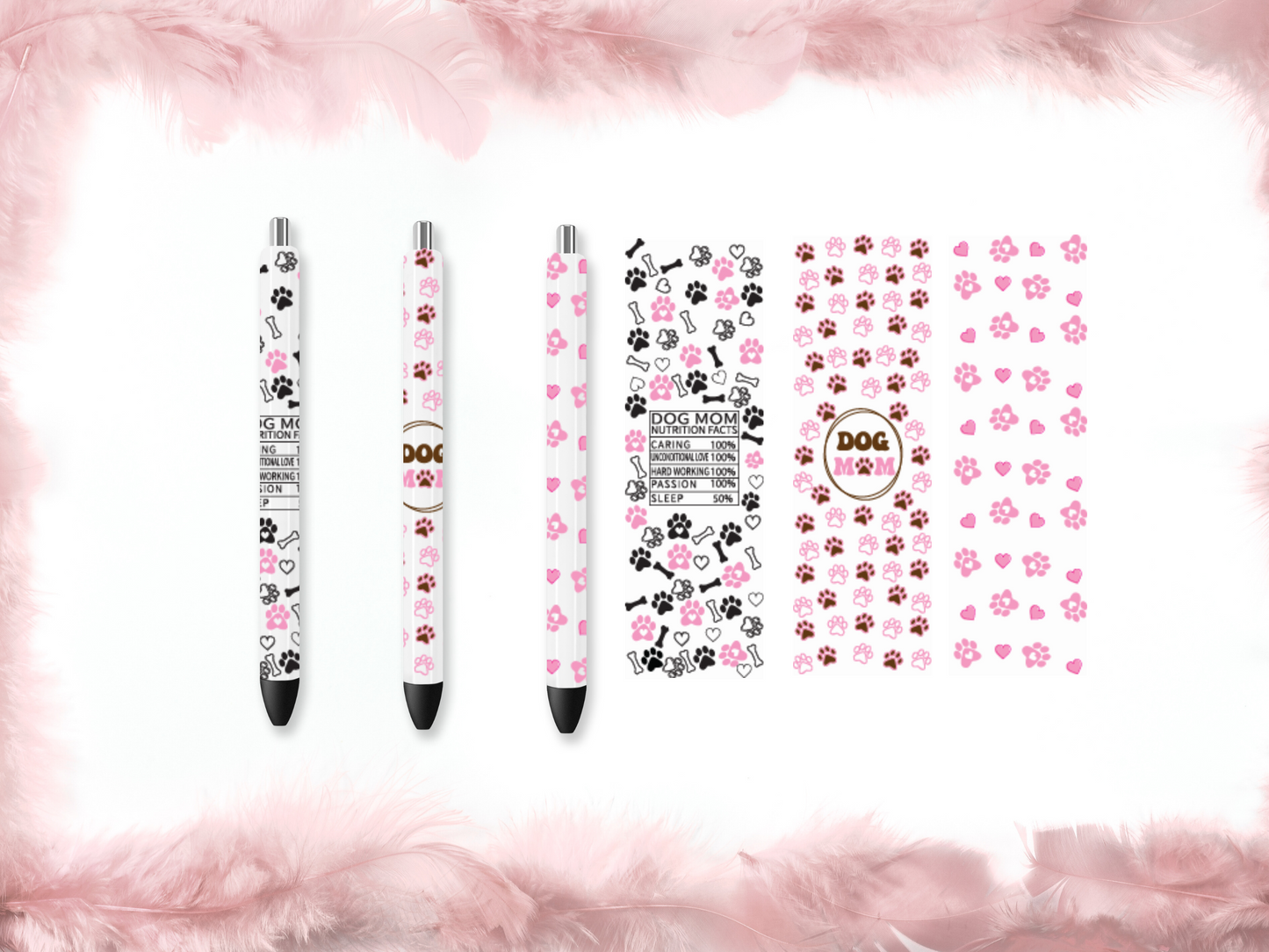 Dog Mom Pen Wrap DIY Set – Paws, Hearts & Nutrition Facts (Set of 3)