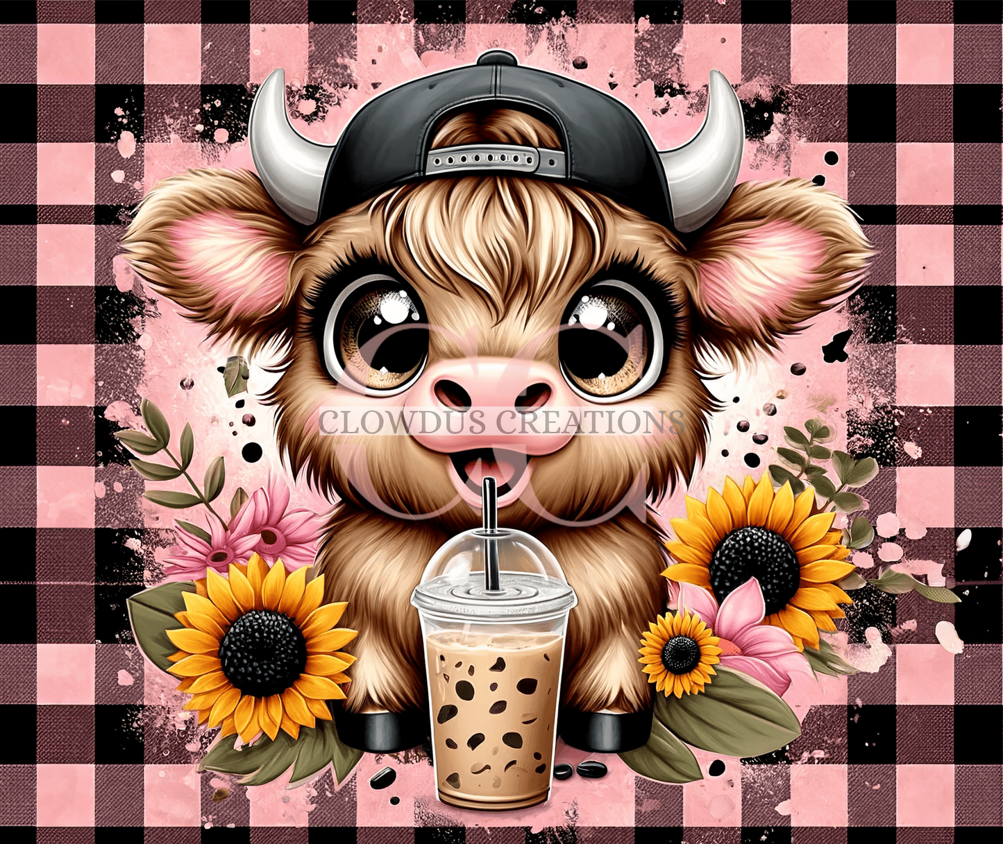 Highland Cow and Coffee Pink Checkered - Mouse Pad