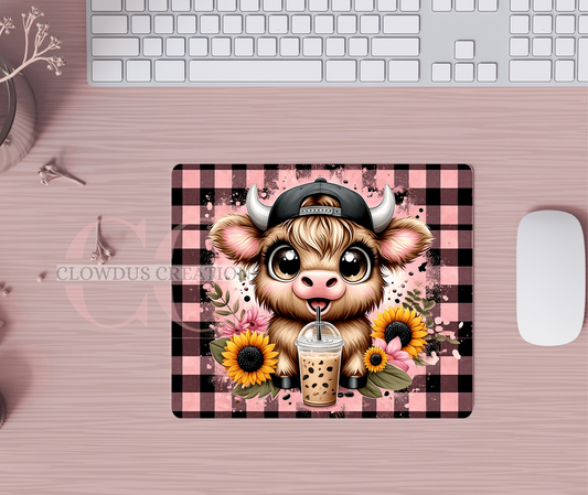 Highland Cow and Coffee Pink Checkered - Mouse Pad