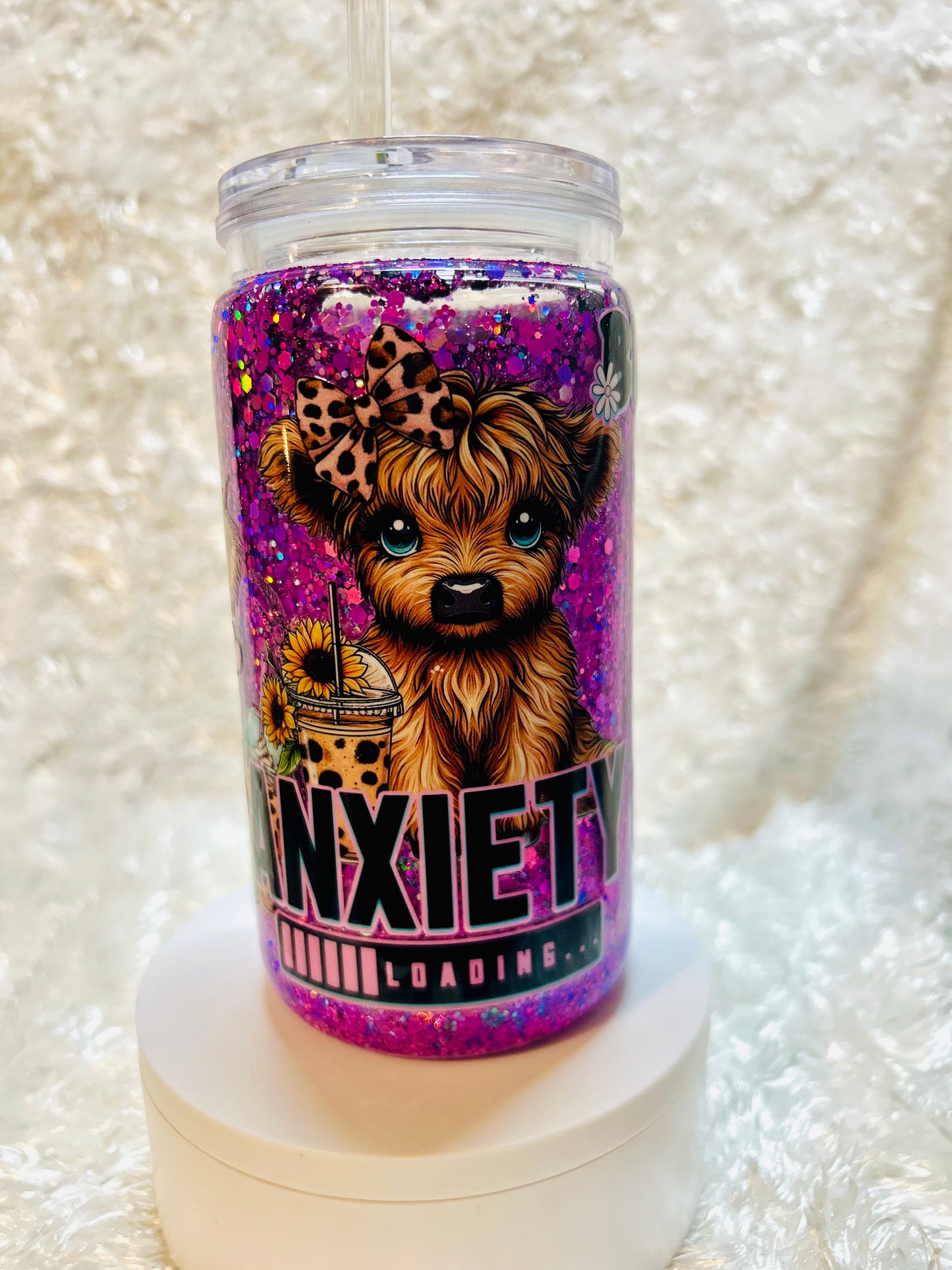 Glitter Tumbler  – “Bit of a Mess” & “Anxiety Loading” – 16oz Cup with Straw