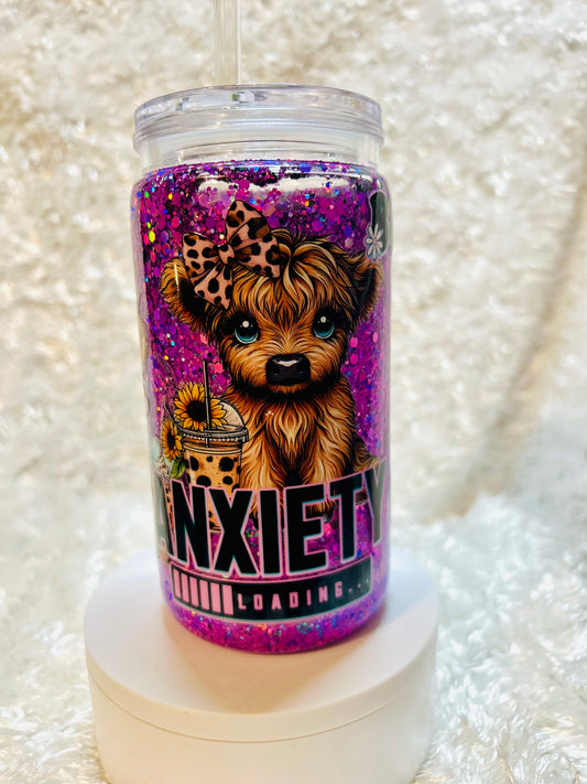 Glitter Tumbler  – “Bit of a Mess” & “Anxiety Loading” – 16oz Cup with Straw
