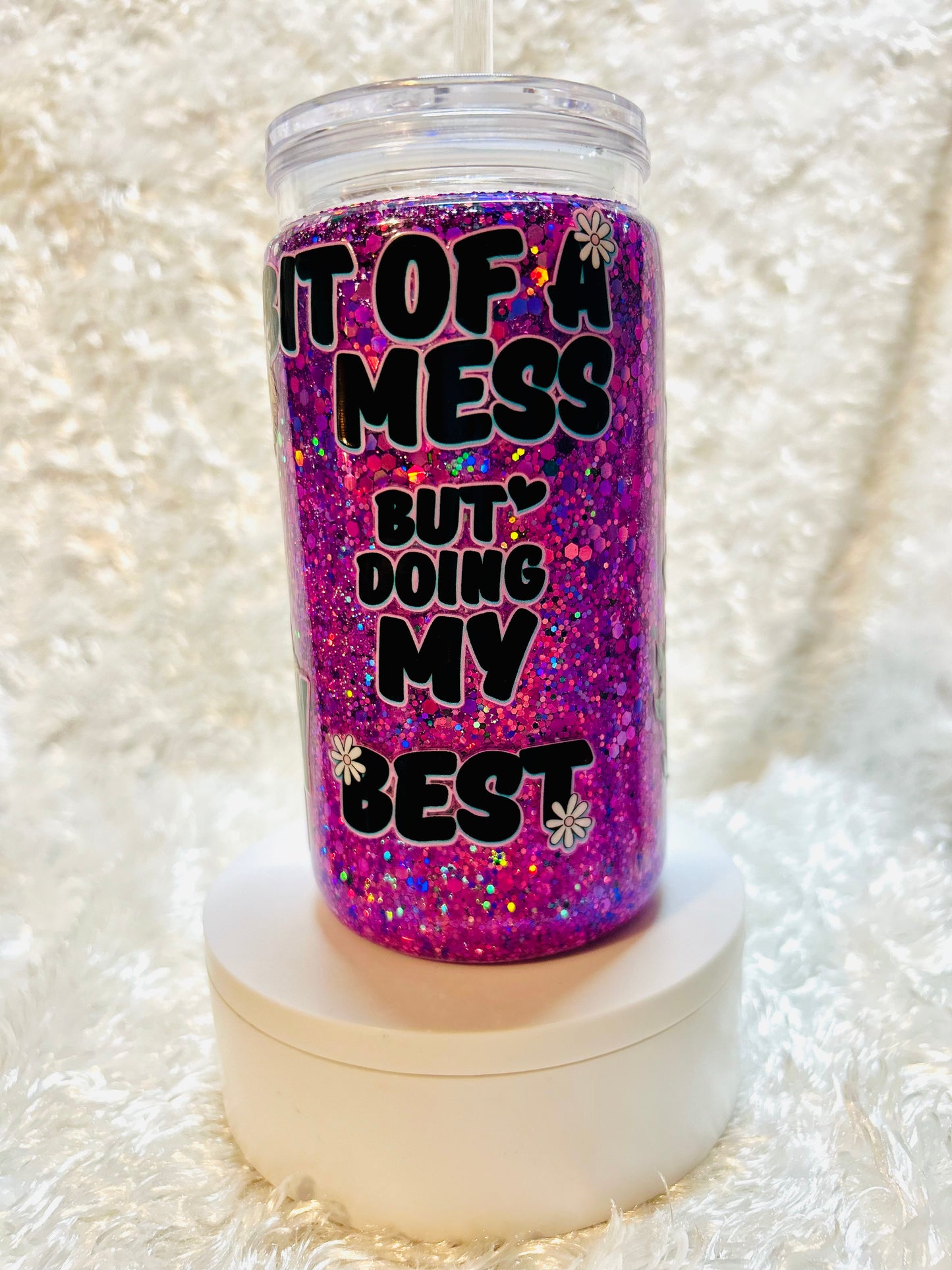 Glitter Tumbler  – “Bit of a Mess” & “Anxiety Loading” – 16oz Cup with Straw