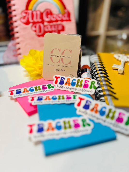 5-Pcs Teacher Sticker Pack - Kids.Crayons.Caffine