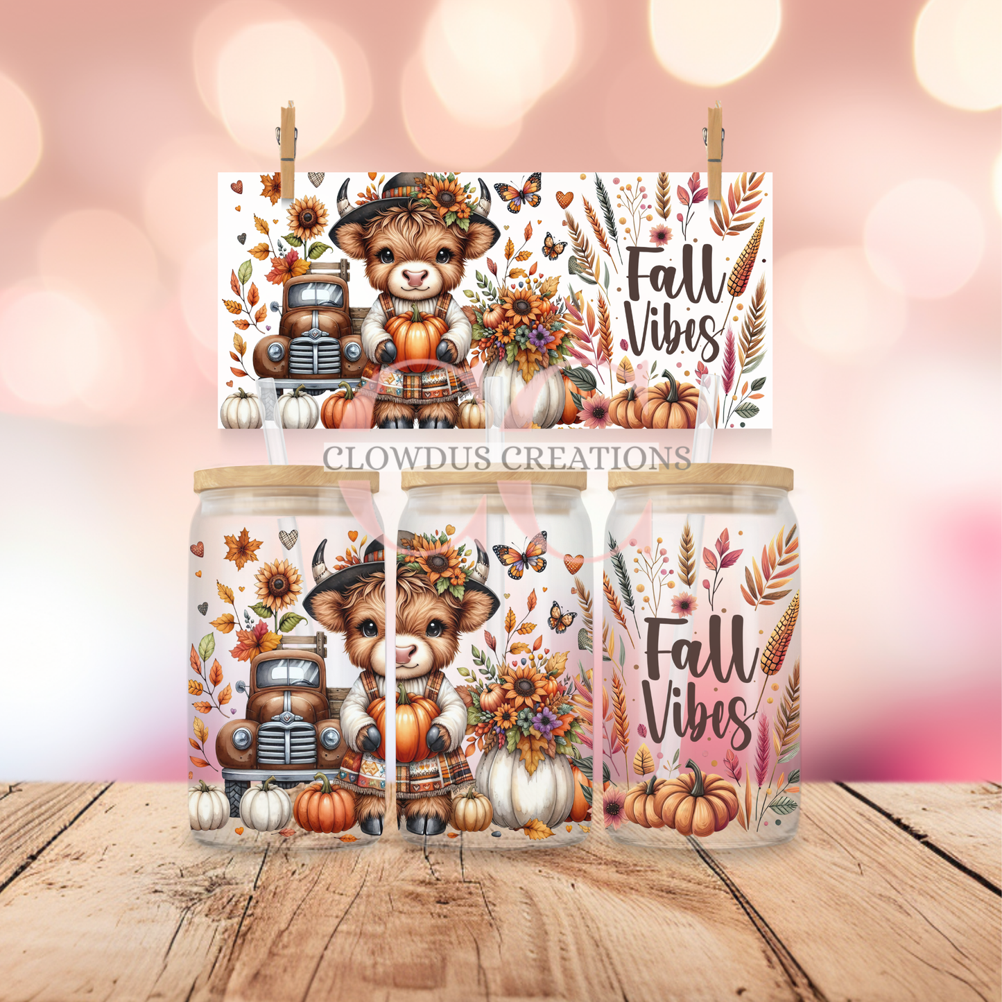 Fall Vibes Highland Cow UV DTF Wrap TW-00107