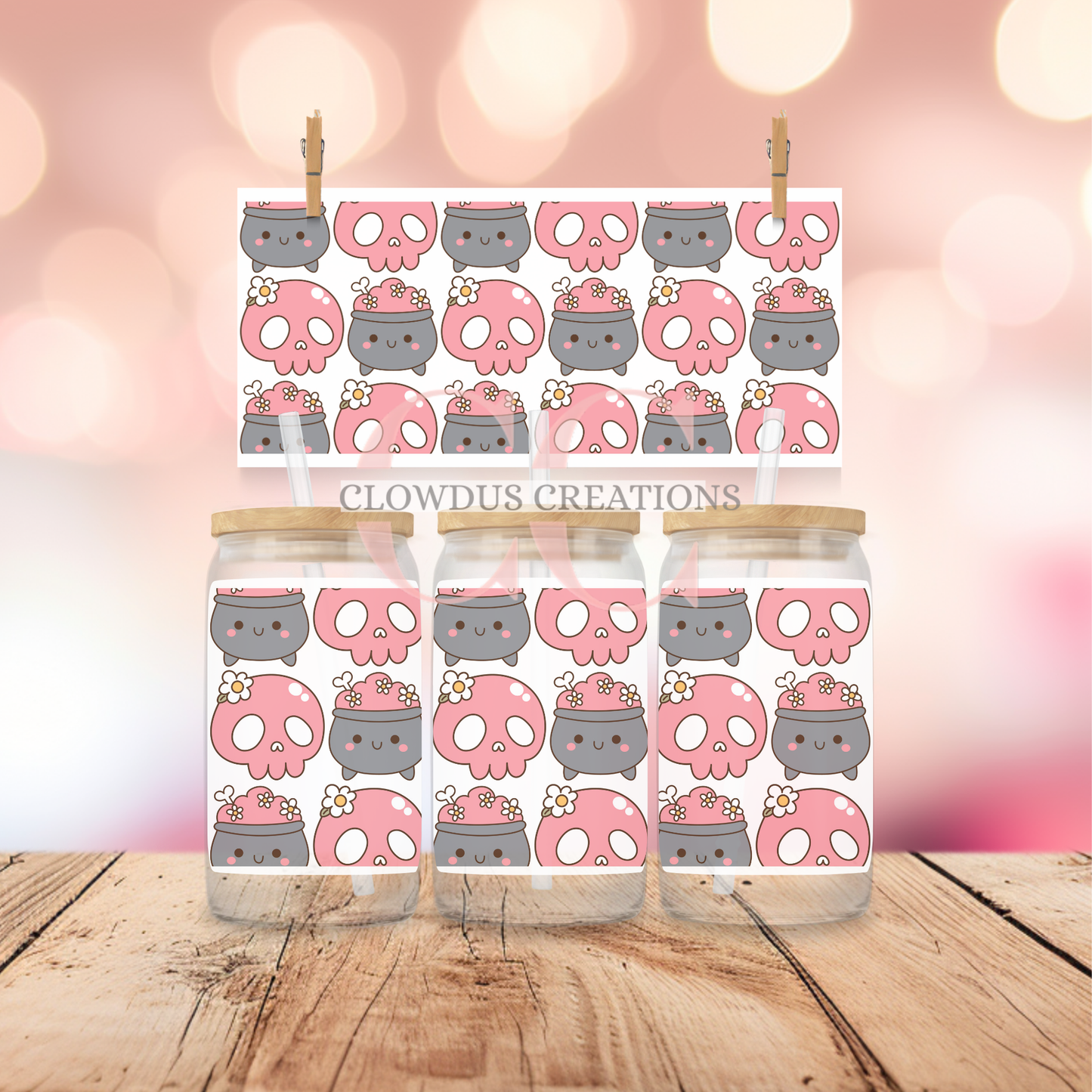 Pink and Grey Skulls UV DTF Wrap TW-00122