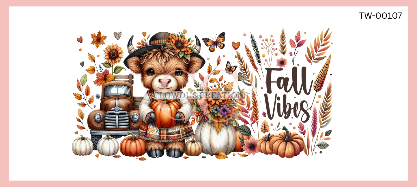 Fall Vibes Highland Cow UV DTF Wrap TW-00107