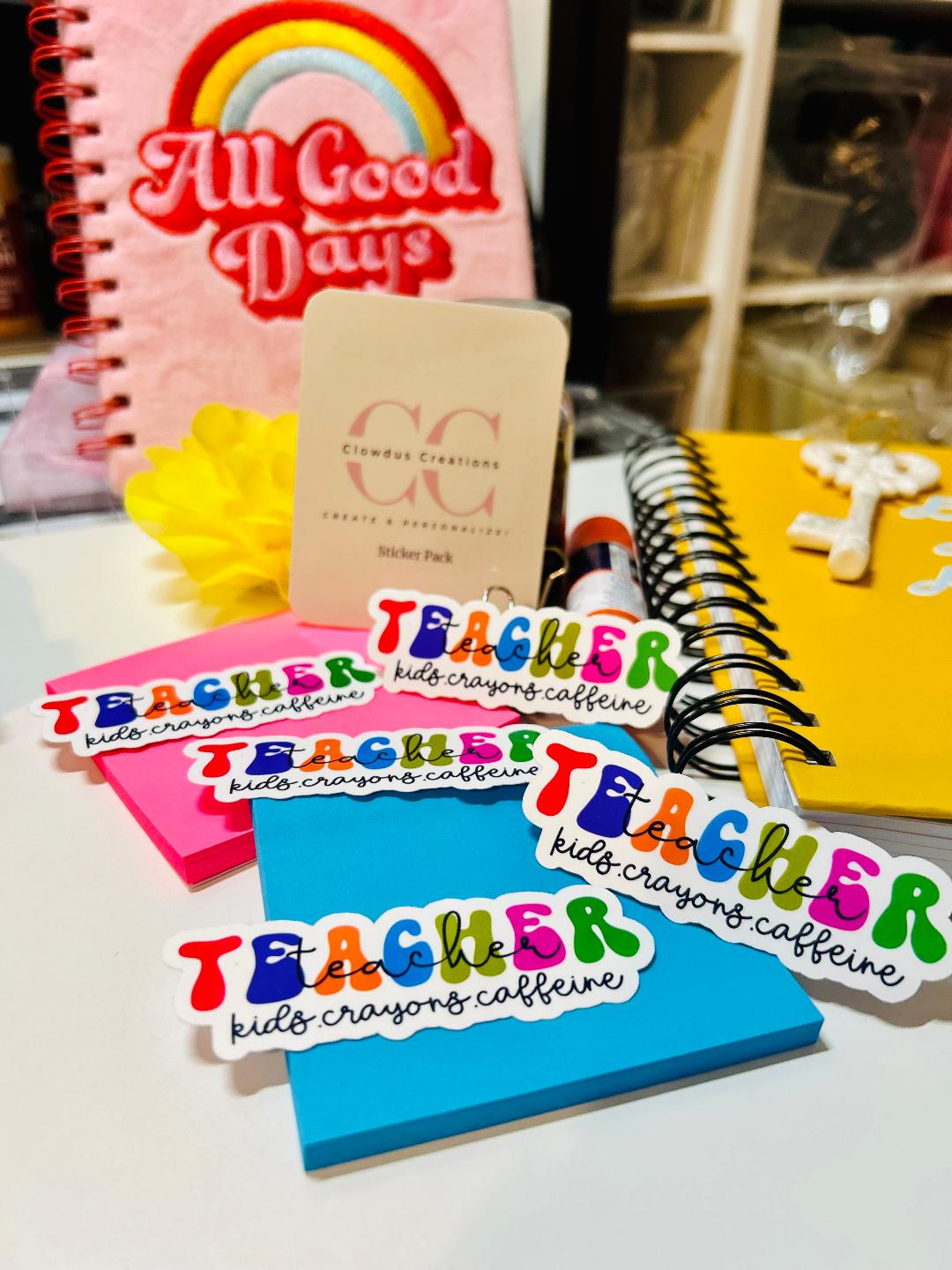 5-Pcs Teacher Sticker Pack - Kids.Crayons.Caffine