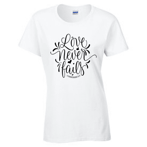 Ladies Short Sleeve T-shirt - Love never fails - Clowdus Creations