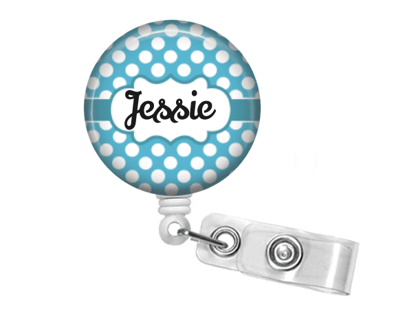 Badge Reel - Retractable Badge Holder - Blue polka dot - Clowdus Creations