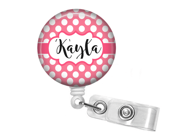 Badge holder - Pink polka dot - Clowdus Creations-An ID Badge Holder is the perfect personalized gift for any student or professional. Badge reel holders are great for the nurse, doctor, hospital staff or the student in your life. 