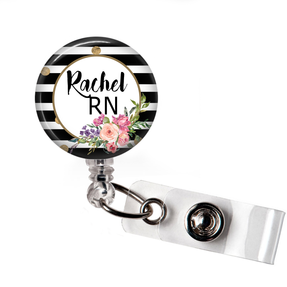 Black and White Floral - Badge Reel with Name and Credentials or Occupation/Title  Badge Reels Clowdus Creations
