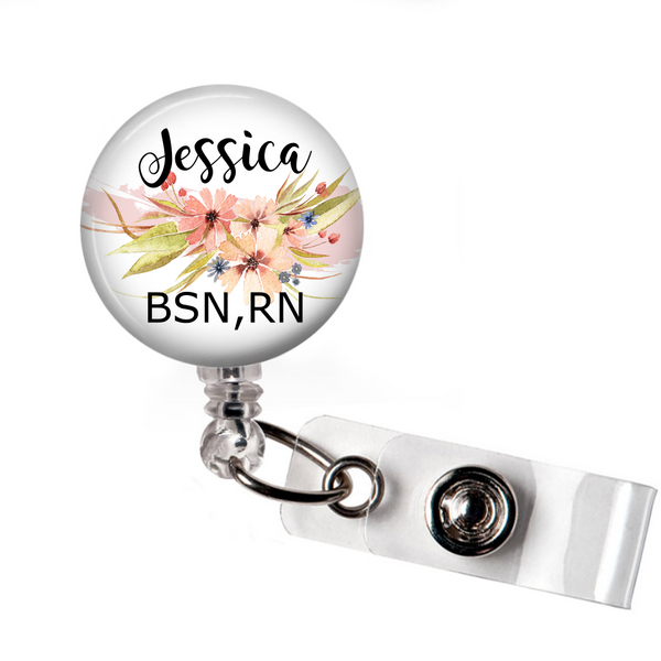 Peach Floral - Badge Reel with Name and Credentials or Occupation/Title  Badge Reels Clowdus Creations