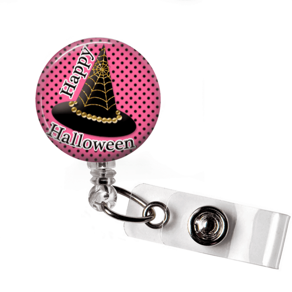 Badge Reel - Halloween Witch Hat - Pink and Black - Clowdus Creations