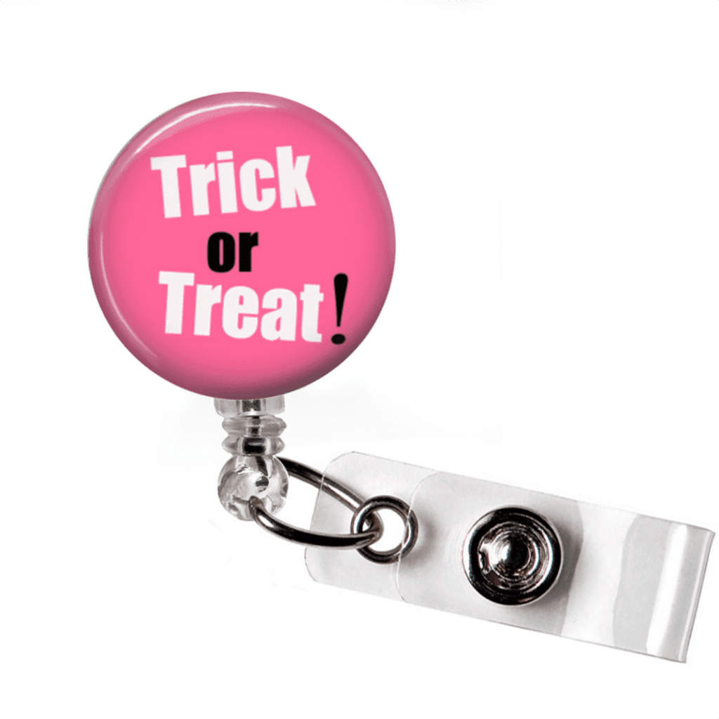 Badge Reel - Halloween Trick or Treat - Pink and Black - Clowdus Creations