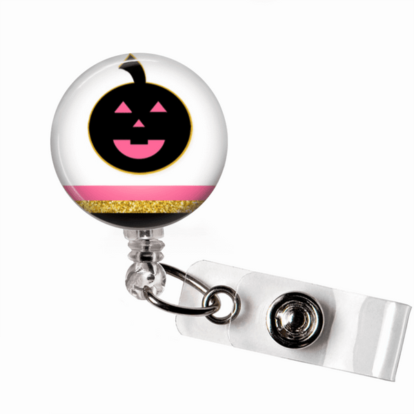 Badge Reel - Halloween Pumpkin - Pink and Black - Clowdus Creations