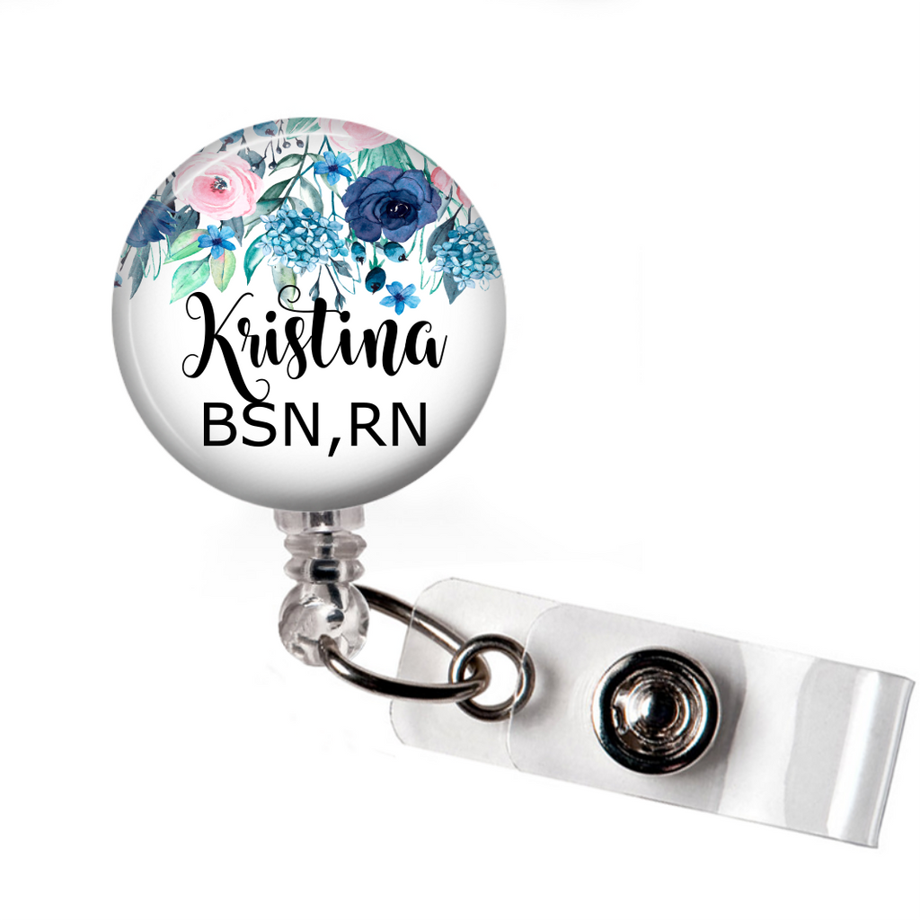 Blue Floral - Badge Reel with Name and Credentials or Occupation/Title  Badge Reels Clowdus Creations