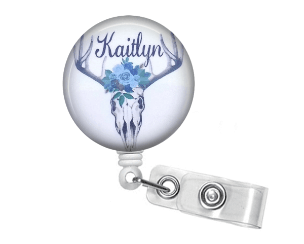 Retractable Badge Holder - Skull and Floral blue BR029 - Clowdus Creations