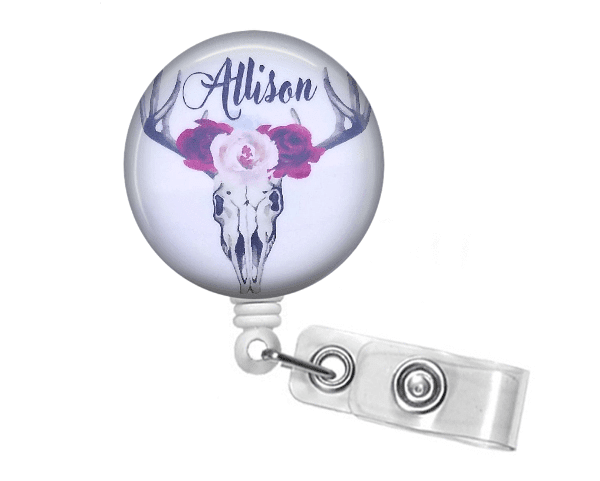 Retractable Badge Holder - Skull and Floral Badge Reel - BR024 - Clowdus Creations