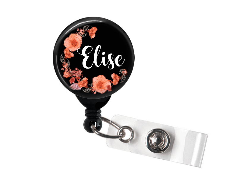 Retractable Badge Holder -Floral Black Background - BR025 - Clowdus Creations - An ID Badge Holder is the perfect personalized gift for any student or professional. Badge reel holders are great for the nurse, doctor, hospital staff or the student in your life. 