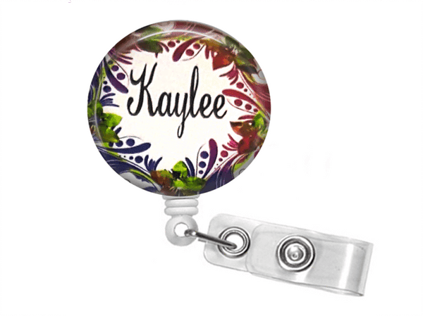 ID Badge Reel - Colorful Floral Wreath - Clowdus Creations