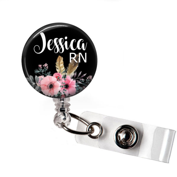 Floral and Feather ID Badge Reel  Badge Reels Clowdus Creations