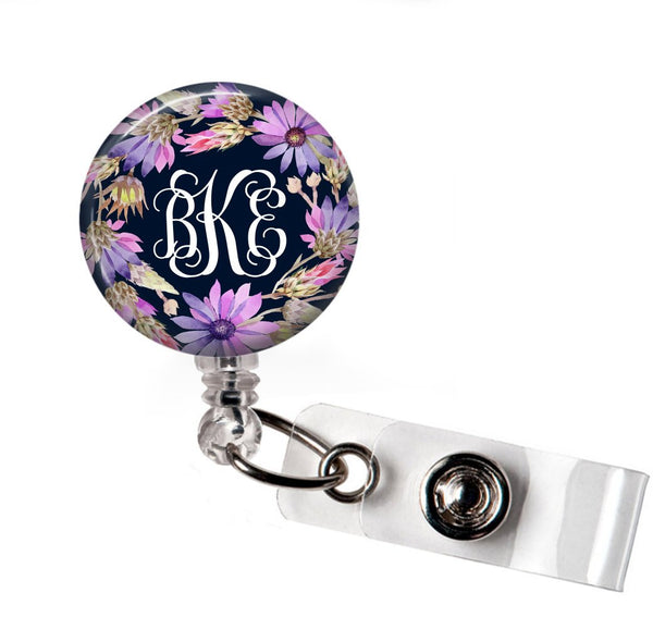 Floral Purple and Navy - Retractable badge holder  Badge Reels Clowdus Creations