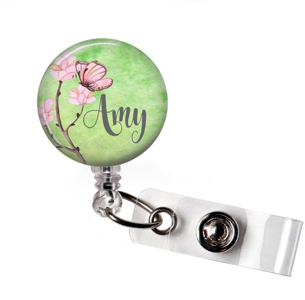 Butterfly with Green Background Badge Reel  Badge Reels Clowdus Creations