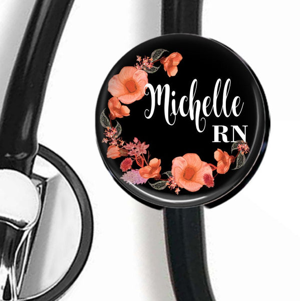 Black and Peach Floral | Nurse Stethoscope ID Tag  Stethoscope ID Tag Clowdus Creations